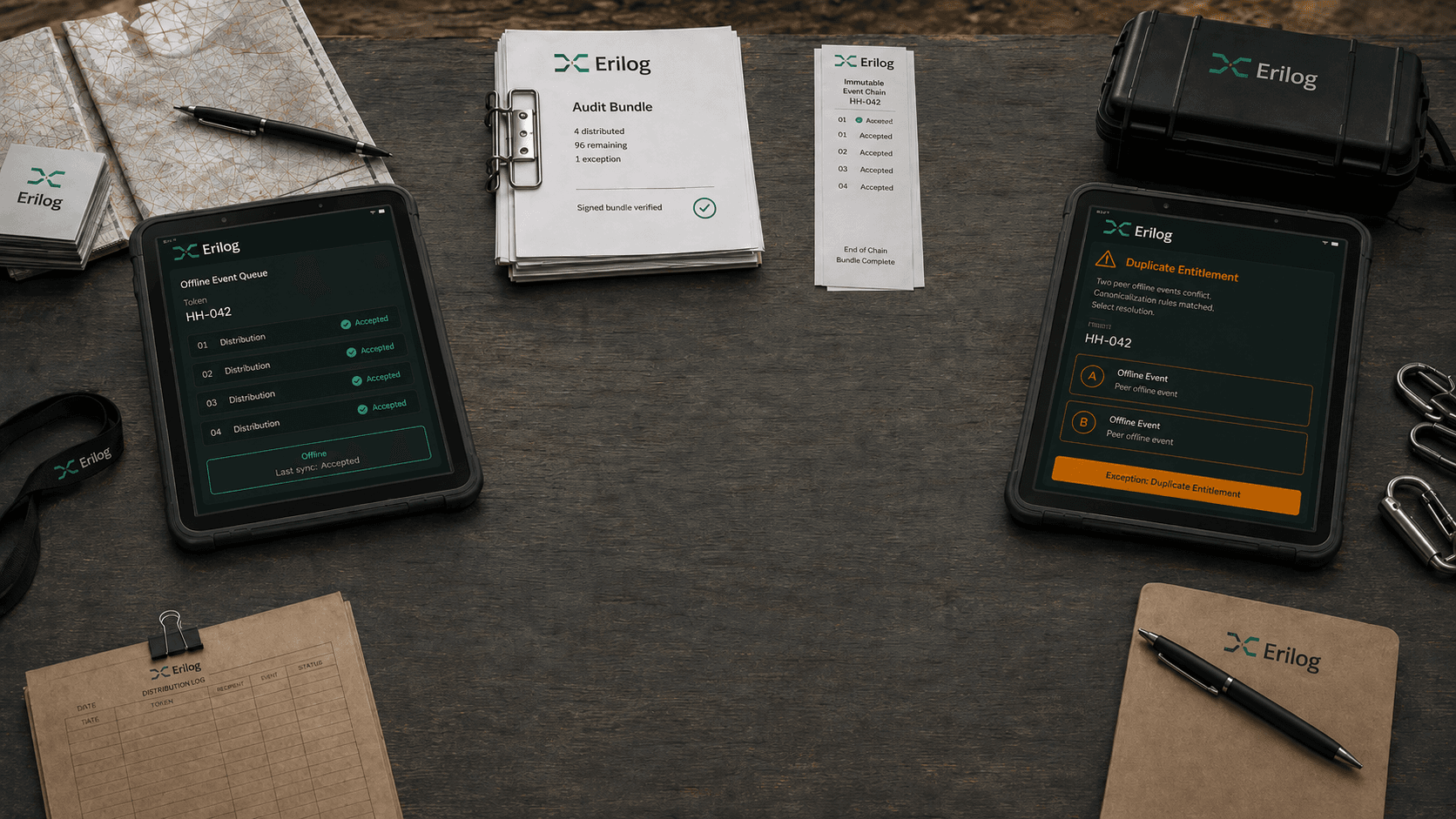 Erilog offline event queue, duplicate-entitlement exception, and signed seed-42 audit bundle